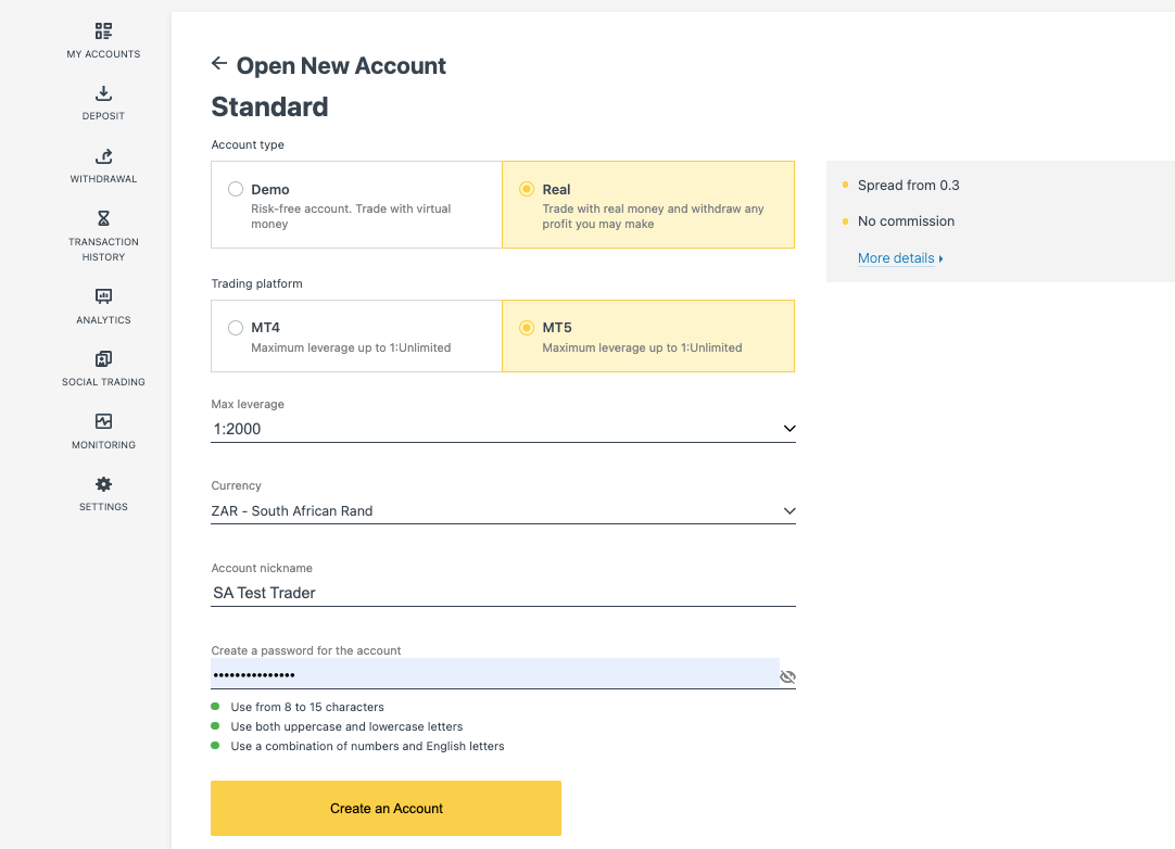 Choose ZAR as your Account currency