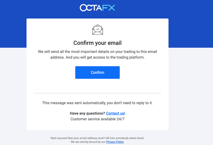 OctaFX email confirmation