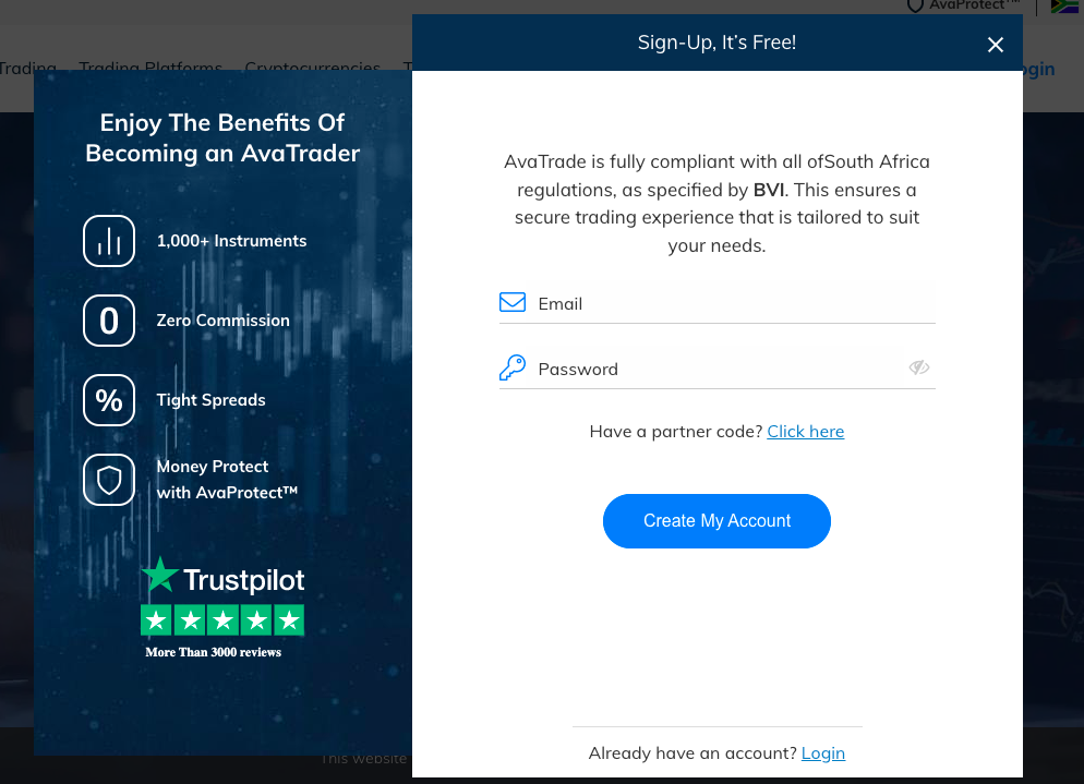 Ckick on Create My Account at AvaTrade