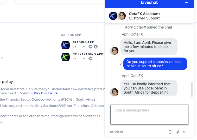 OctaFX Live Chat Support